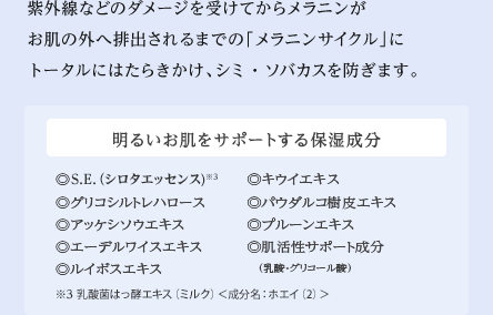 紫外線などのダメージを受けてからメラニンがお肌の外へ排出されるまでの「メラニンサイクル」にトータルにはたらきかけ、シミ・ソバカスを防ぎます。明るいお肌をサポートする保湿成分の一覧